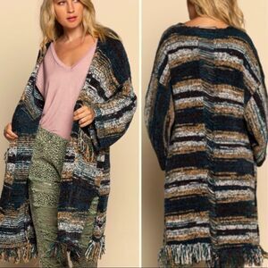 - Cozy Striped Open Midi Cardigan with Fringe Hem and Pockets